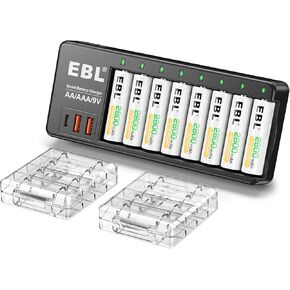 EBL Rechargeable AA Batteries with Charger, 2800mAh Double A Rechargeable Batteries 8 Pack with AA AAA 9V Individual Battery Charger Built-in 2 USB-A & 1 USB-C Charging Ports