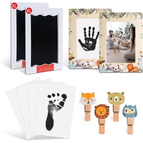 Inkless Hand and Footprint Kit, Paw Print Kit, 2 Extra Large Size Ink Pad for Baby Hand and Footprints with 2 Jungle Animal Pattern Photo Frame, 4 Clip & 4 Imprint Cards, Paw Print Stamp Pad for Dogs