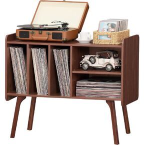 Lerliuo Record Player Stand with 4 Cabinet Holds Up to 220 Albums, Large Stand with Beech Wood Legs, Mid-Century Record Player Table,Burlywood Vinyl Holder Storage Shelf for Living Room
