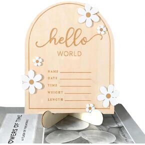 Wooden Baby Announcement Sign 7.1 Inch Wooden Hello World for Baby Showers - Newborn Birth Announcement Board, Daisy Wooden Baby Milestone Card, Hello World Hospital Nursery Information Record Board