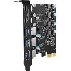 USB PCIe Card Power Supply 5 Ports USB 3.0 Expansion Card (3 USB A and 2 USB Type-C Ports), Support Windows XP/7/8/10 and Linux MAC OS