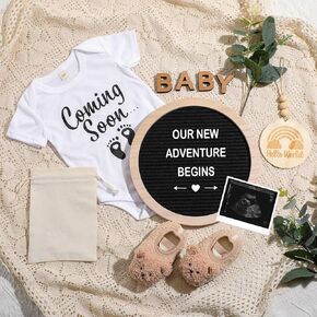 8 Pcs Pregnancy Announcement Set Pregnancy Reveal Ideas Include Felt Letter Round Board Kit Baby Bodysuit Baby Booties Baby Wood Blocks Wooden Signs for Coming Soon Baby Announcement (White)