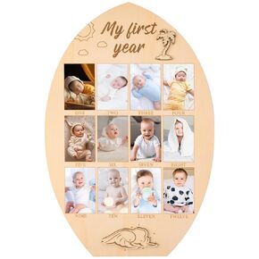 R HORSE My First Year Photo Frame Board - Baby’s First Year Picture Frame 12 Months Milestone Board Surfboard Photo Display Wood Board 1st Birthday Frame Nursery Decor Baby Keepsake Gift for Boy Girl