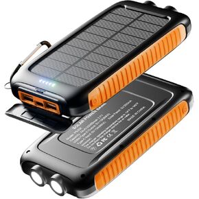 Power-Bank-Solar-Charger - 20000mAh Power Bank, Portable Charger, External Battery Pack 5V/3A Type C Input Output Dual Built-in Super Bright Flashlight, Carabiner, Solar Panel Charging
