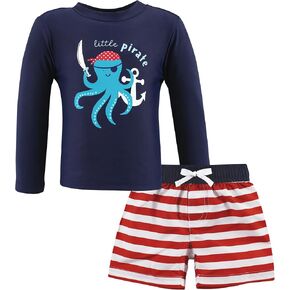 Hudson Baby Unisex Baby Swim Rashguard Set, Pirate Octopus, 12-18 Months