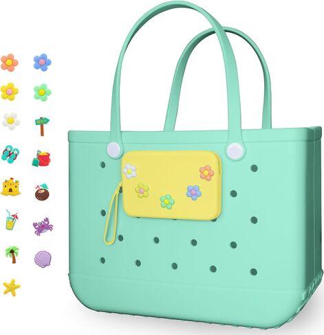 Zippered Silicone Phone Holder for Bogg Bag X-Large with 15 Charm, Accessories Attachment for Bogg Beach Bags Tote Bag Green in Saudi Arabia