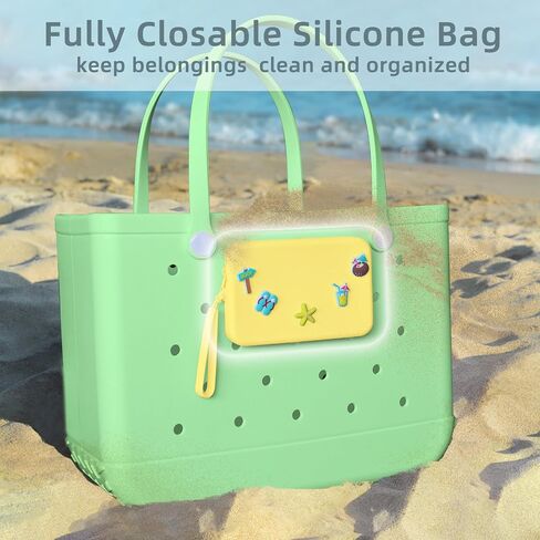 Zippered Silicone Phone Holder for Bogg Bag X-Large with 15 Charm, Accessories Attachment for Bogg Beach Bags Tote Bag Green in Saudi Arabia