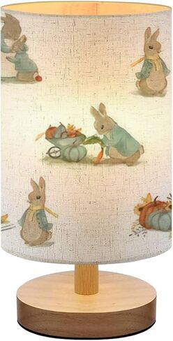 Bedside Lamp for Bedroom, Seamless Pattern Little Deer Hare Small Lamp, Linen Lampshade Table Lamp, Dimmable Nightstand Lamp with Woodbase for Living Room Office in Kuwait