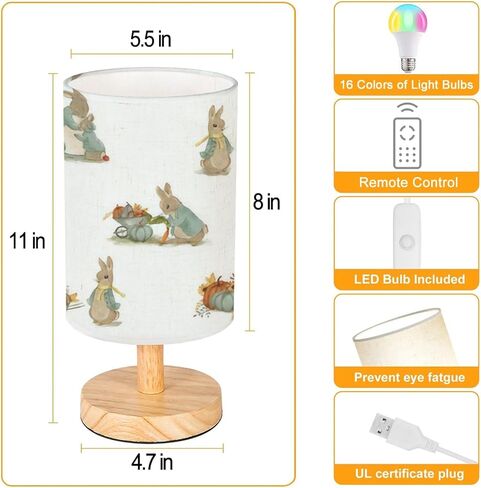 Bedside Lamp for Bedroom, Seamless Pattern Little Deer Hare Small Lamp, Linen Lampshade Table Lamp, Dimmable Nightstand Lamp with Woodbase for Living Room Office in Kuwait