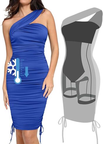 Popilush The Shapewear Dress BlueTag Collection - One Shoulder Ruched Dress with Drawstring Summer Dress in Saudi Arabia