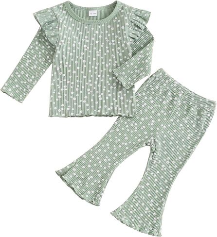 FOCUSNORM Toddler Baby Girl Outfits Ruffle Long Sleeve Striped Trim Tops + Flare Pants Set Toddler 2Pcs Fall Winter Clothes in Saudi Arabia