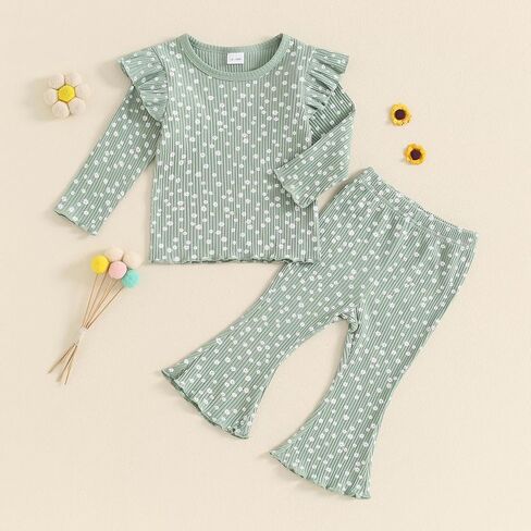 FOCUSNORM Toddler Baby Girl Outfits Ruffle Long Sleeve Striped Trim Tops + Flare Pants Set Toddler 2Pcs Fall Winter Clothes in Saudi Arabia