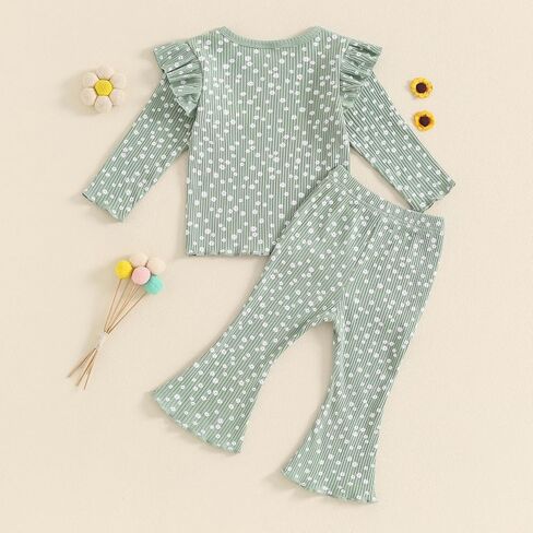 FOCUSNORM Toddler Baby Girl Outfits Ruffle Long Sleeve Striped Trim Tops + Flare Pants Set Toddler 2Pcs Fall Winter Clothes in Saudi Arabia