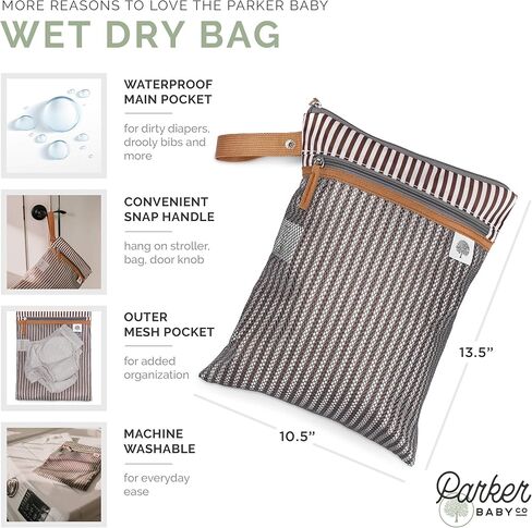 Parker Baby Cloth Diaper Wet Dry Bag - Waterproof Reusable Diaper Bag Accessory with Mesh Organizer and Zippered Pocket for Soiled or Wet Clothes, Diapers, Wipes, Swimsuits in Kuwait