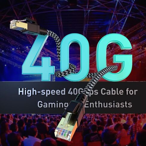 Cat 8 Ethernet Cable 100FT, High-Speed Braided Internet Cable Network Cord with Gold Plated RJ45 Connector 40Gbps 2000Mhz Heavy Duty LAN Cable Shielded Indoor in Kuwait
