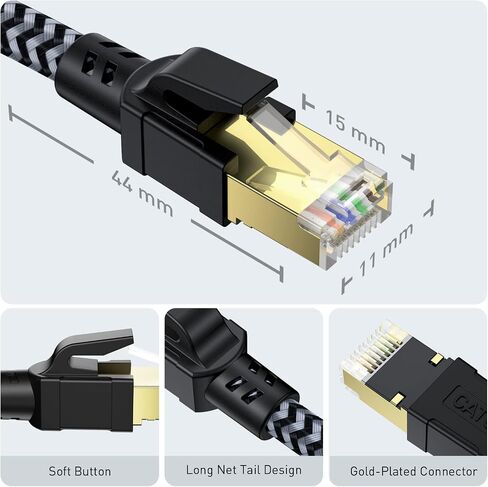 Cat 8 Ethernet Cable 100FT, High-Speed Braided Internet Cable Network Cord with Gold Plated RJ45 Connector 40Gbps 2000Mhz Heavy Duty LAN Cable Shielded Indoor in Kuwait
