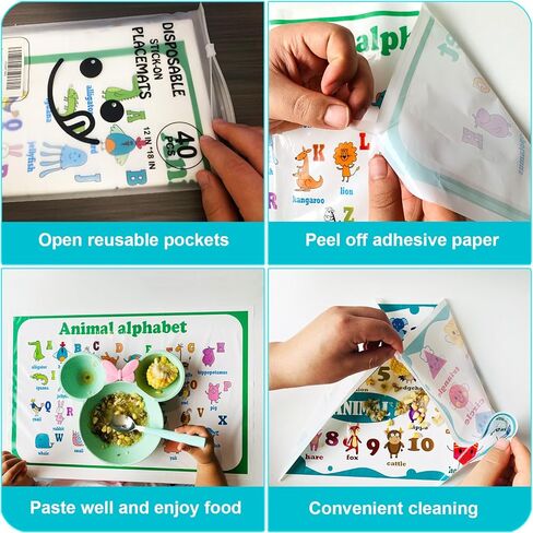 Disposable Placemats for Baby, 40 Pack Sticky Placemats Restaurant Table Mats for Toddler, 12" x 18" Mats for Kids Learn Numbers, Shapes, and Animals in Kuwait