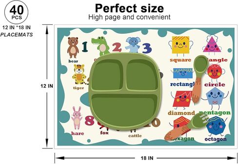 Disposable Placemats for Baby, 40 Pack Sticky Placemats Restaurant Table Mats for Toddler, 12" x 18" Mats for Kids Learn Numbers, Shapes, and Animals in Kuwait