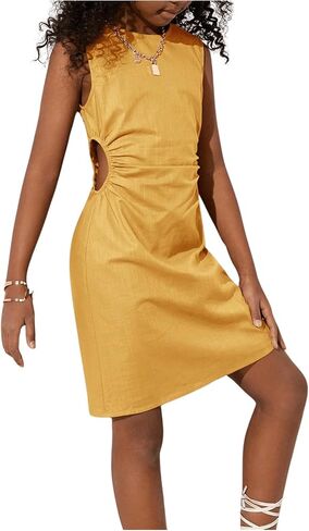 Girl's Drawstring Cut Out Ruched Tank Dress Casual Slim Fit Sleeveless Crewneck Pencil Mini Dresses in Saudi Arabia
