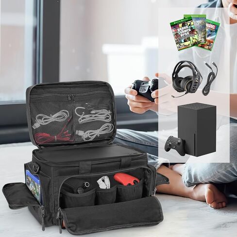 حقيبة حمل للسفر متوافقة مع أجهزة Xbox Series X/S، حقيبة سفر لوحدة التحكم في الألعاب التكتيكية مع جيوب تخزين متعددة لوحدة التحكم والأقراص وسماعات الرأس وملحقات الألعاب (أسود) in Kuwait