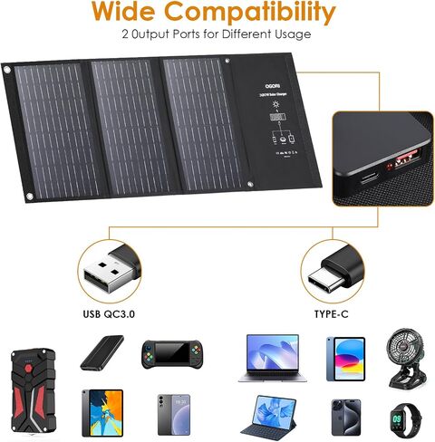 شاحن شمسي 30 وات، USB QC 3.0 وType-C، لوحة شمسية محمولة من SunPower للتخييم، مقاومة للماء IPX4، متوافقة مع iPhone وiPad وغيرها، وهواتف قابلة للتطبيق، والأجهزة اللوحية - حقائب الظهر للتخييم in Saudi Arabia