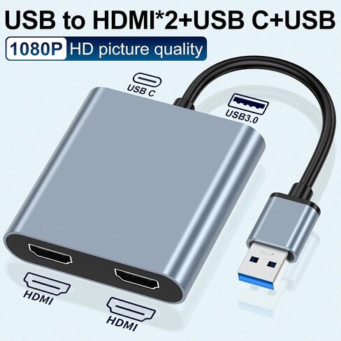 محول JLX USB 3.0 إلى Dual Hdmi لشاشتين 1080p، بطاقة رسومات خارجية USB 3.0 مع شحن PD لنقل البيانات USB3.0، متوافق مع Windows 7/8/10/11، Mac OS (USB3.0 إلى Dual HDMI) in Kuwait