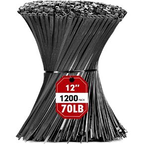 Zip Ties, RAZCC 1200pcs Black Cable Zip Ties 12 Inch, Heavy Duty Plastic Wire Ties with 70lb Tensile Strength, Self-Locking Black Nylon Tie Wraps for Indoor and Outdoor