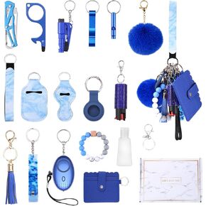 AMIR Safety Keychain Set for Women, Wristlet Strap Keychain with Personal Alarm and Pom Pom Accessories Kit, Gifts for Women and Girls (Purple)