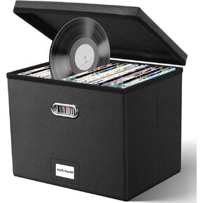 Leffis Leather Vinyl Record Storage Box, Record Holder for 50 Single Record, Foldable Record Creat with Lid, LP Holder for Vinyl Record Collection