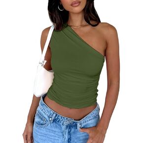 Women's One Shoulder Tank Top Sleeveless Ruched Slim Fit Y2K Basic Crop Top