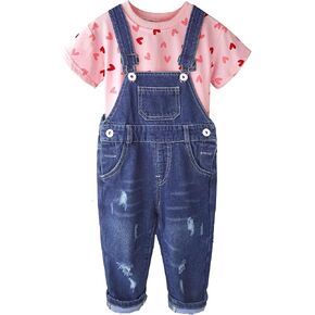 Baby Little Girls 2 Pieces Outfits, Love Heart Cherry Smile Printed Cotton Crewneck Summer T-shirt Denim Overalls