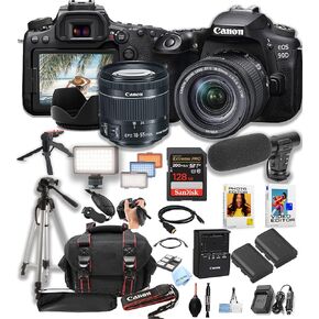 كاميرا Canon EOS 90D DSLR مع عدسة تكبير STM مقاس 18-55 مم F/4-5.6 + ذاكرة سرعة احترافية سعة 128 جيجابايت + ضوء فيديو LED + ميكروفون + حافظة + حامل ثلاثي القوائم + حزمة برامج-فيديو (متجددة)