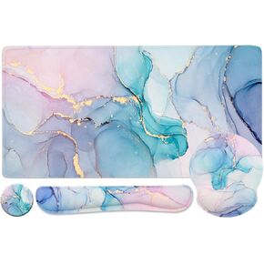 4-in-1 Gaming Mouse Pad Wrist Support Set，Desk Pad + Mouse Pad with Wrist Rest + Keyboard Wrist Rest + Coaster, Ergonomic Design for Home Office Study Game - Blue Marble