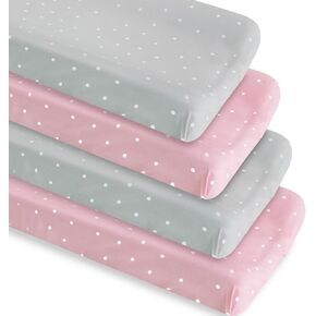 غطاء وسادة تغيير الحفاضات للأولاد والبنات 4 عبوات، ملاءات غطاء طاولة تغيير ملائمة للأطفال، ناعمة قابلة للتنفس لطاولة تغيير الحفاضات مقاس 81.28 سم × 40.64 سم، ملاءات سرير محايدة - نقاط وردية ورمادية in Kuwait
