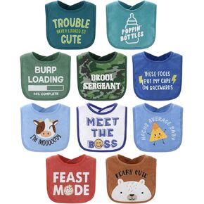 The Peanutshell Baby Boy Bibs Set, Terry Cloth, Eating, Drooling, Teething Essentials for Newborn, Infant, Toddler Babies, 10 Pack Funny Sayings in Camo, Green, Blue, Red