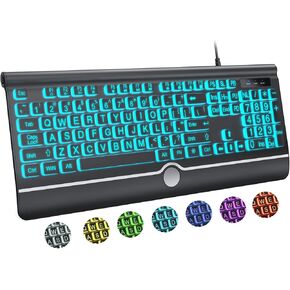 Computer Wired Keyboard, Large Print Backlit Keyboard with Wrist Rest, 7-Colors Backlit, Plug and Play, Foldable Stands, Spill-Resistant, Corded Full Size Keyboard for Windows, PC, Laptop