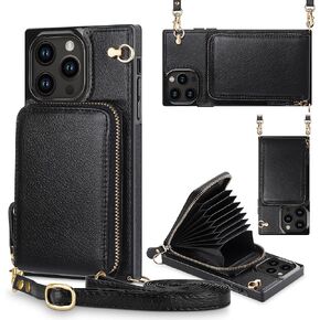 JAKPAK for iPhone 14 Pro Case Wallet with Card Holder, Zipper Leather Phone Case with Lanyard,Square Cover Shockproof Heavy Duty Case Compatible with iPhone 14 Pro 6.1 inch Black