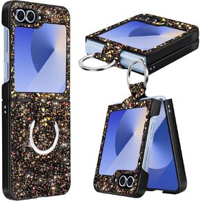 for Samsung Galaxy Z Flip 6 Case with Ring, Cute Bling Glitter Phone Case Slim Fit Thin Women Girls Shockproof Anti-Scratch Protective Phone Cover for Samsung Z Flip 6 Case,6.7 inch,White