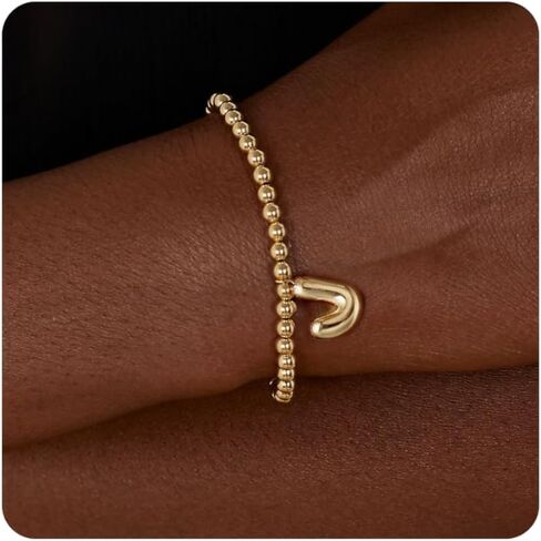 CONRAN KREMIX Gold Initial Bracelets For Women Girls Bubble Balloon Letter Charm Stretch Beaded Bracelet Womens Gift in Kuwait