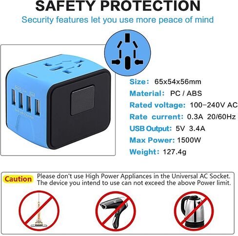 محول السفر العالمي JMFONE، محول قابس الطاقة الدولي مع منفذي USB-C ومنفذي USB-A ومآخذ تيار متردد متعددة، محول شاحن منفذ السفر الكل في واحد في جميع أنحاء العالم للاتحاد الأوروبي والولايات المتحدة والمملكة المتحدة والاتحاد الأفريقي أكثر من 200 دولة in Kuwait