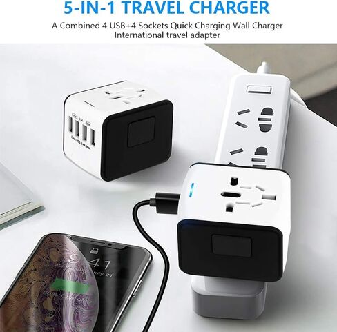 محول السفر العالمي JMFONE، محول قابس الطاقة الدولي مع منفذي USB-C ومنفذي USB-A ومآخذ تيار متردد متعددة، محول شاحن منفذ السفر الكل في واحد في جميع أنحاء العالم للاتحاد الأوروبي والولايات المتحدة والمملكة المتحدة والاتحاد الأفريقي أكثر من 200 دولة in Kuwait