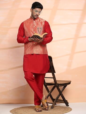 طقم بيجامة كورتا حرير للرجال مع سترة نهرو ملابس عرقية هندية (صدرية) (C-102) in Kuwait