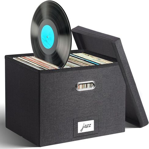 KKU Vinyl Record Storage Box, Holds up 50+ Single Record LP Organizer Storage, Collapsible Storage Crate with Lid and Handles for Valuable Album Collection, Black in Saudi Arabia