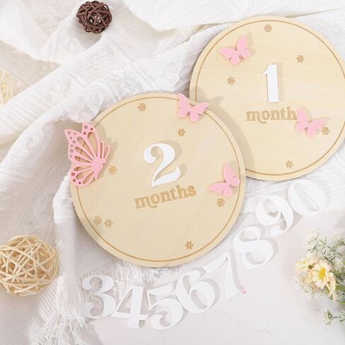 بطاقات المعالم الشهرية للأطفال - أقراص المعالم الشهرية الخشبية ذات شكل الفراشة، دعائم تصوير لحديثي الولادة لتوثيق نمو طفلك، علامة إعلان الطفل، هدايا استحمام الطفل in Kuwait