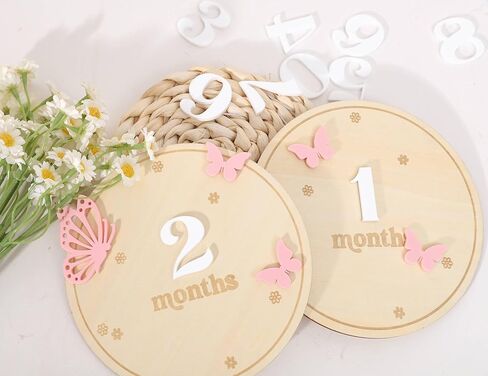 بطاقات المعالم الشهرية للأطفال - أقراص المعالم الشهرية الخشبية ذات شكل الفراشة، دعائم تصوير لحديثي الولادة لتوثيق نمو طفلك، علامة إعلان الطفل، هدايا استحمام الطفل in Kuwait