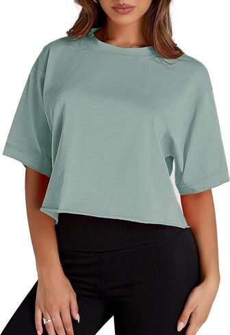 AKEWEI Women's Short Sleeve Crop Tops with Raw-Cut Hem Summer Casual Crewneck Drop Shoulder Shirts Solid Workout T-Shirt in Kuwait