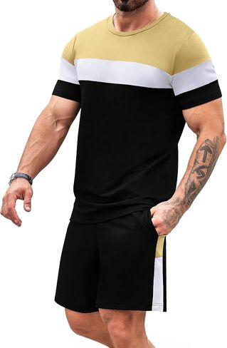 Babioboa Men's Short Sleeve Colorblock T Shirt & Shorts Sweatsuit Set Summer 2 Piece Outfits Casual Athletic Sports Tracksuit in Saudi Arabia