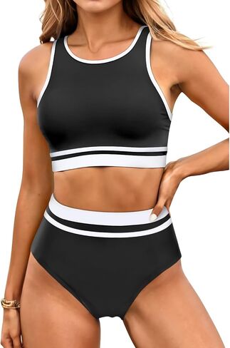 Yonique Women Sport Bikini Set Two Piece High Waist Swimsuit High Neck Colorblock Bathing Suit for Teen Juniors in Saudi Arabia
