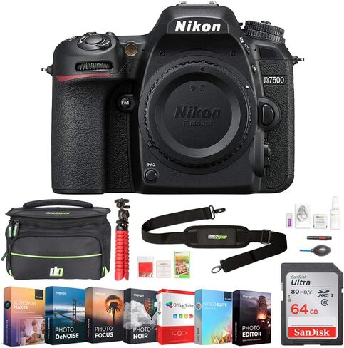 Nikon 1581 D7500 20.9MP DX-Format 4K Ultra HD DSLR Camera Body Bundle with 64GB Memory Card, Photo and Video Editing Suite, Deco Gear Camera Bag (Medium) and Accessories (9 Items) in Saudi Arabia