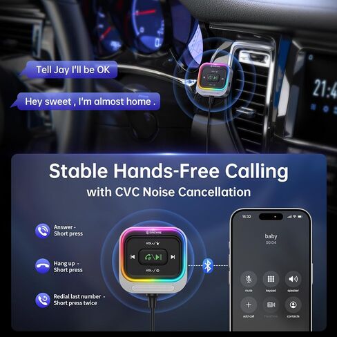 جهاز استقبال بلوتوث Syncwire 5.4 للسيارة 3.5 ملم محول سيارة Aux مستقبل بلوتوث مع كابل ملفوف [إلغاء ضوضاء ميكروفون كبير] [مكالمات بدون استخدام اليدين] [جهير عميق HiFi] [مفتاح إضاءة ملون]، فضي in Kuwait